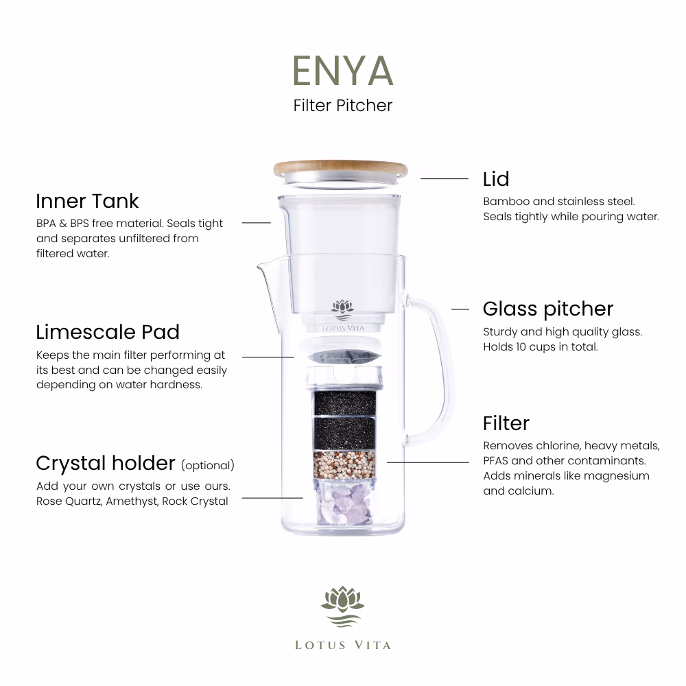 An exploded diagram of the Lotus Vita ENYA water filter pitcher, illustrating its components: a bamboo lid, inner tank, glass pitcher, limescale pad, multi-layer filter, and optional crystal holder.