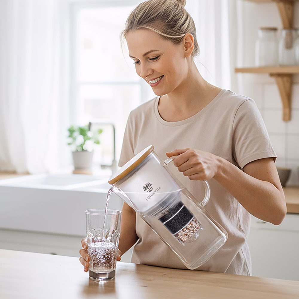 A smiling woman pours fresh, filtered water from a Lotus Vita ENYA glass pitcher into a glass in a bright kitchen.