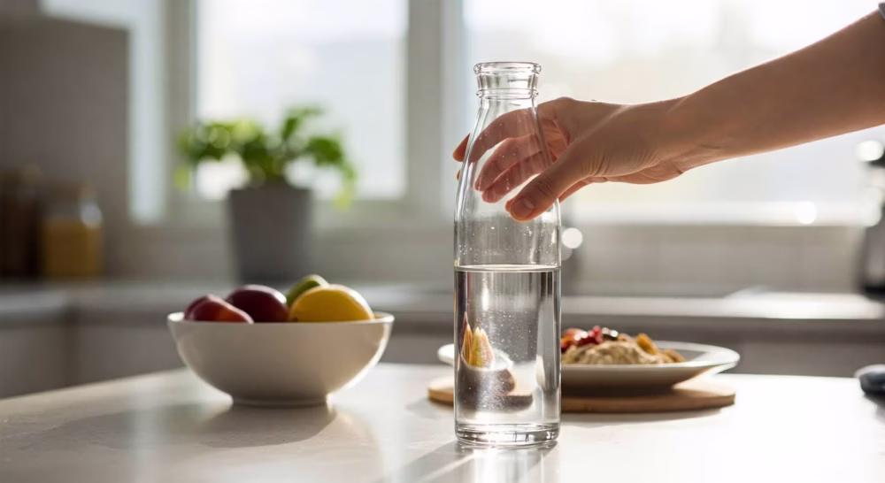 Person reaching for a water bottle, illustrating the importance of how much water should you drink a day