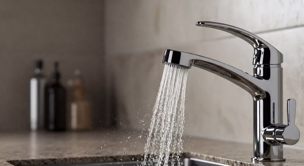 Water faucet running in kitchen
