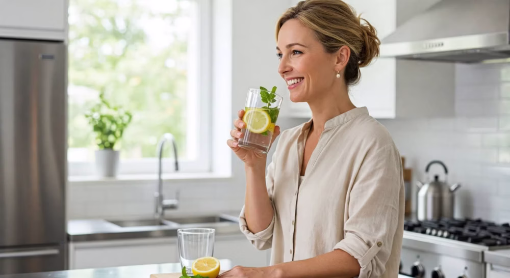 Happy woman in her kitchen enjoying a glass of filtered water