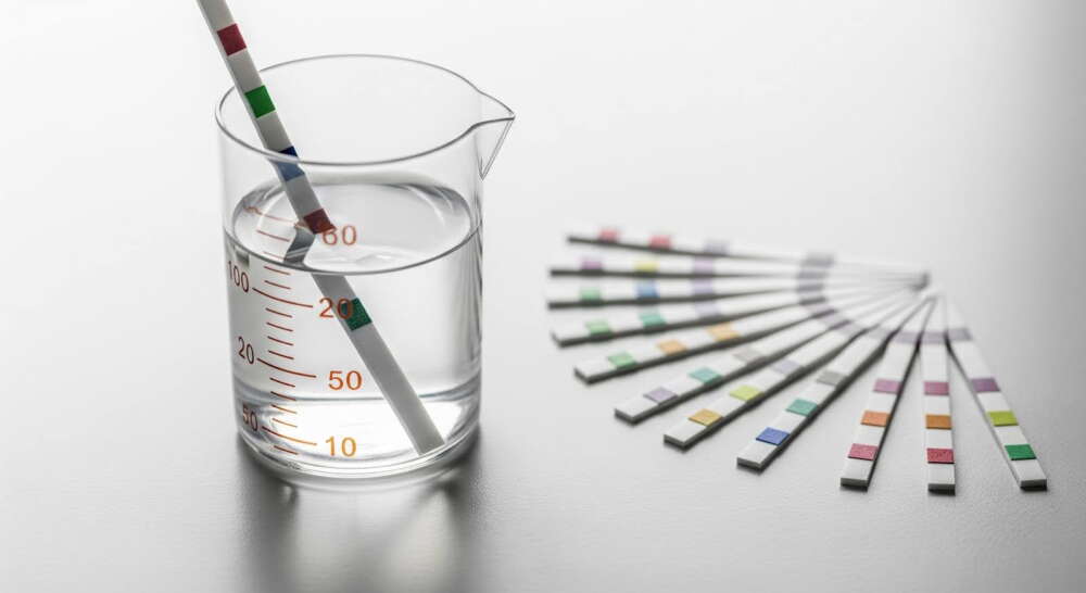 A water quality test strip is submerged in a beaker of water, with several unused test strips fanned out nearby on a white surface.