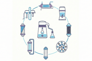 Infographic illustrating the multi-stage Lotus Vita water purification process, showing various filtration technologies in a circular flow.